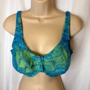 Cacique 40D Teal Blue Lace Underwire Bra Unlined Floral Stretch Bow Mermaid